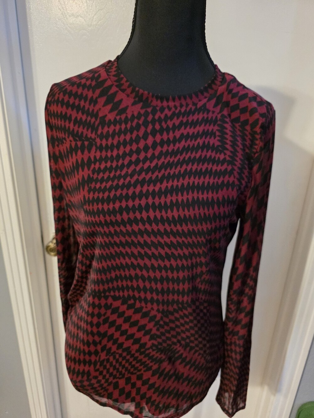 INC International Concepts Long Sleeve Geometric Print Top - Red & Black